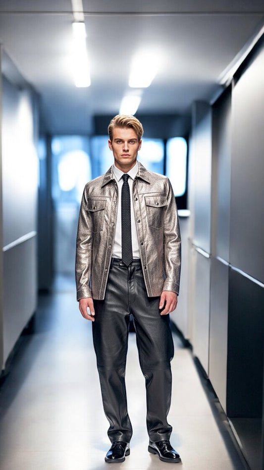 Lightweight Metallic Foil Light Gold Lamb Leather Jacket