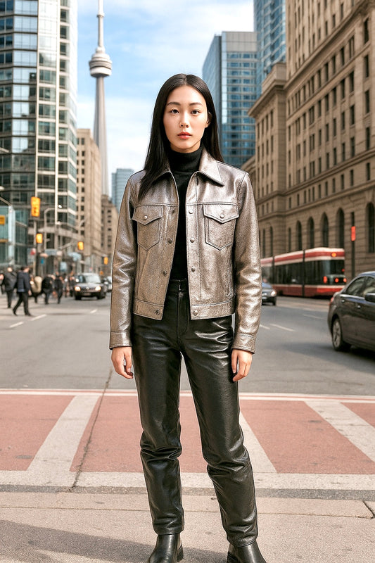 Lightweight Metallic Foil Light Gold Lamb Leather Jacket