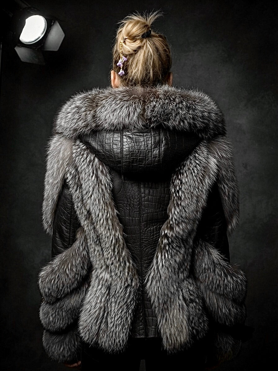 ARCTIC SOVEREIGN PLUS - Black Crocodile Shearling & Silver Fox Fur hooded Coat. (Made-To-Order)