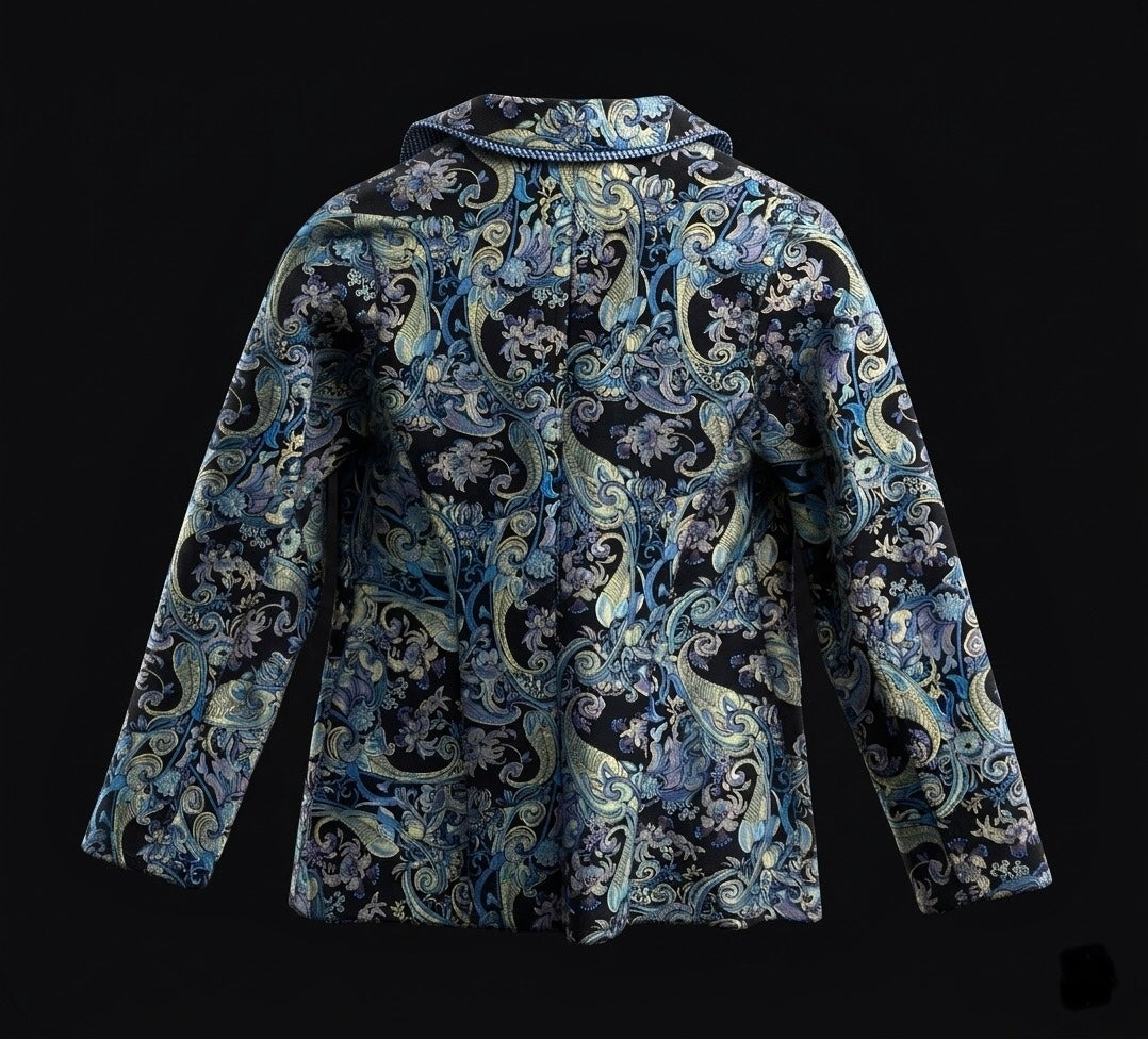 CANADA SANSAR Baroque Bleu™
Women’s Luxury Handcrafted Italian Lamb Leather Blazer Jacket. A nod to the ornate blue-and-gold floral pattern and European artistry.