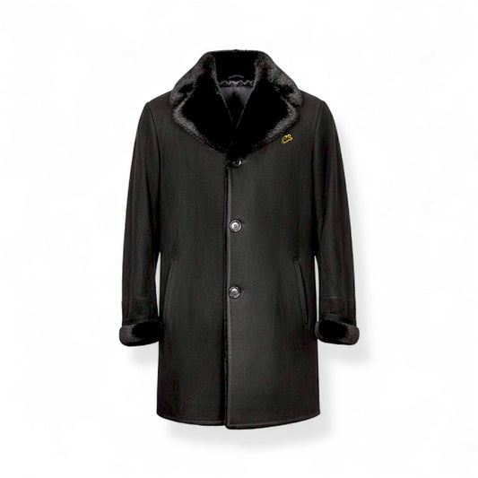 Limited Edition Black Astrakhan Nubuck Shearling Coat with Black Mink Fur Lapel
