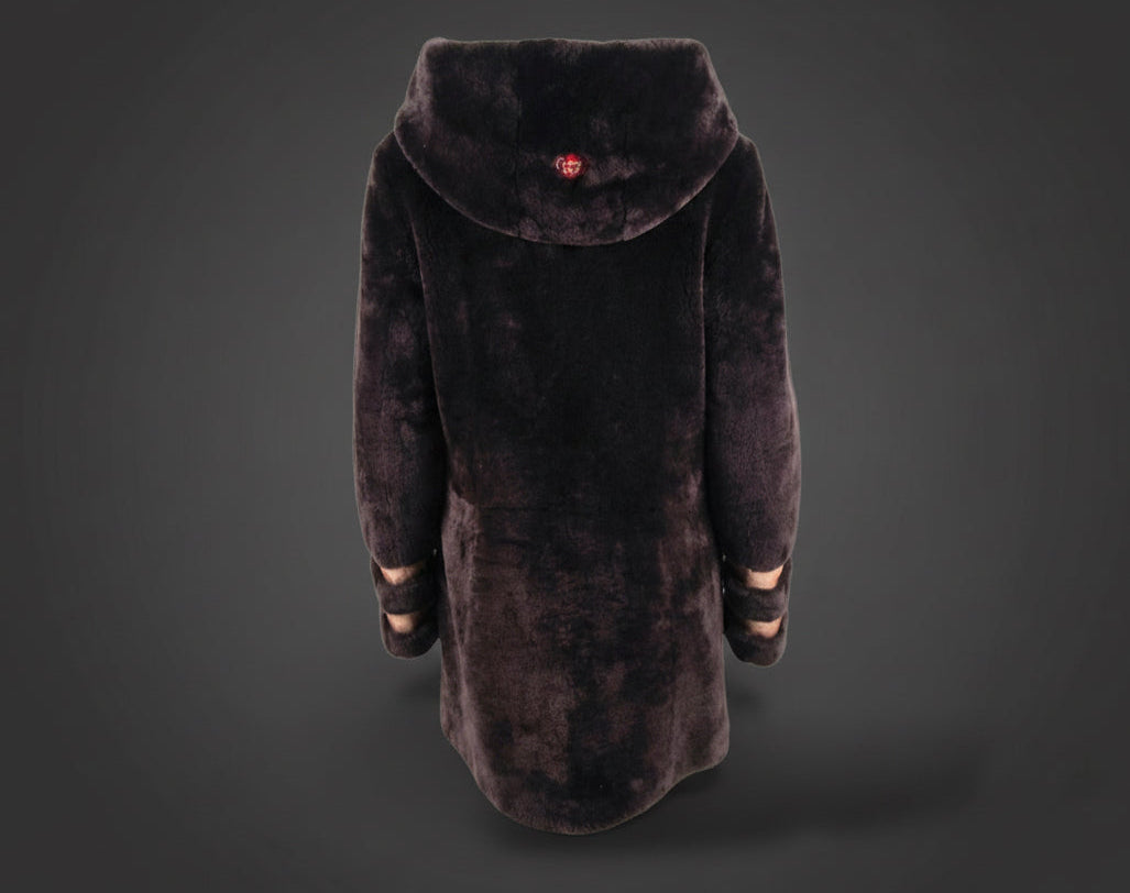 Luxury Shearling Pea Coat | Chestnut Brown with Gold Signature Buttons