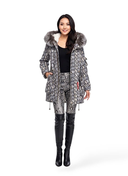 CANADA SANSAR | Luxury Silver Fox Fur Parka with Python Velvet Shell
