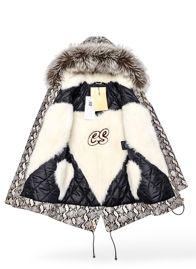 CANADA SANSAR | Luxury Silver Fox Fur Parka with Python Velvet Shell