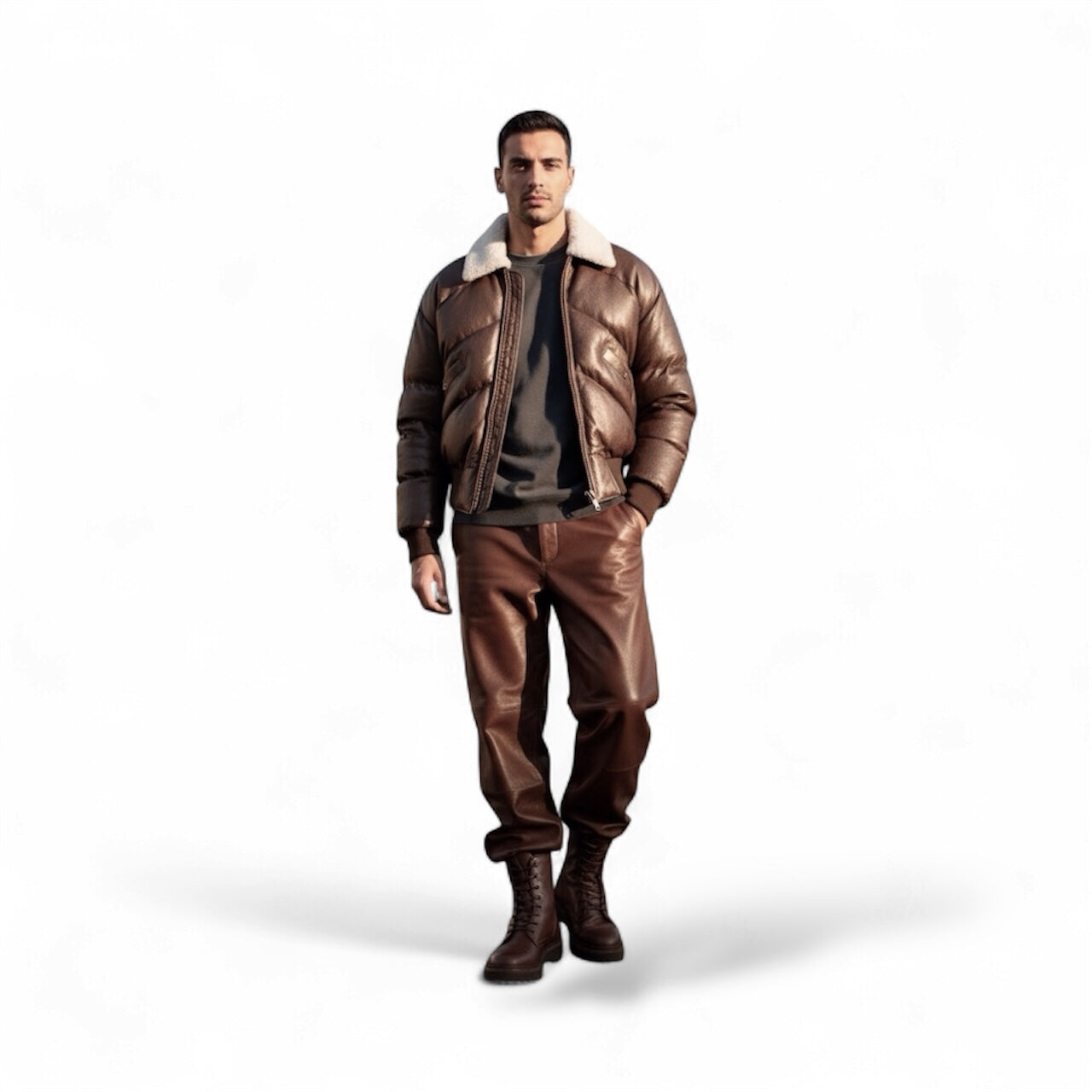 Cognac Shearling Lambskin Puffer Jacket