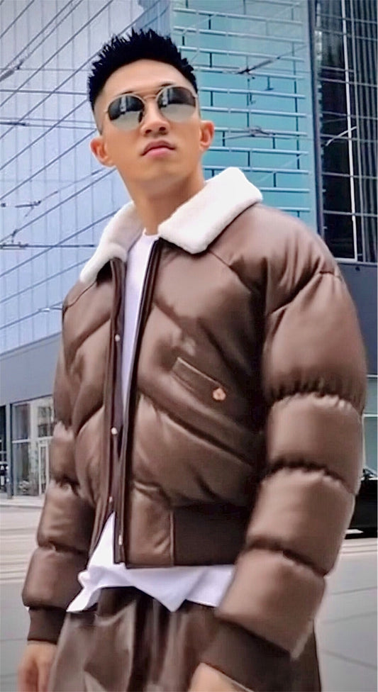 Cognac Shearling Lambskin Puffer Jacket