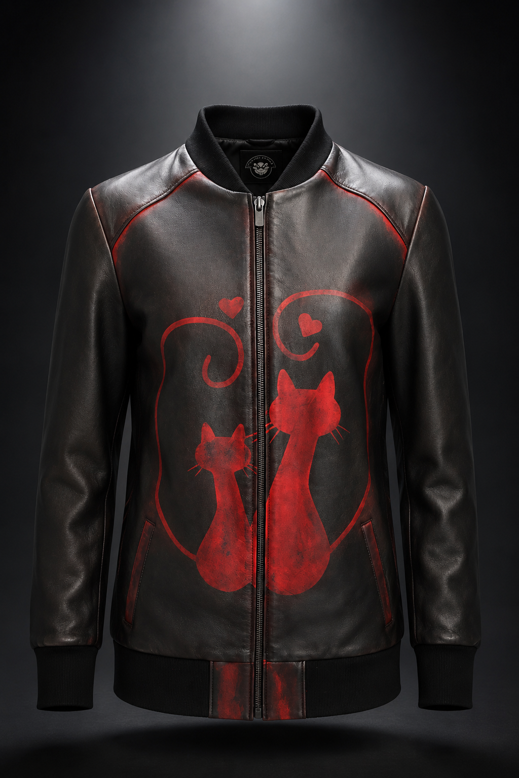Dual Cat Motif                                         Artist-Edition Handcrafted Patina Lamb Leather Jacket.
