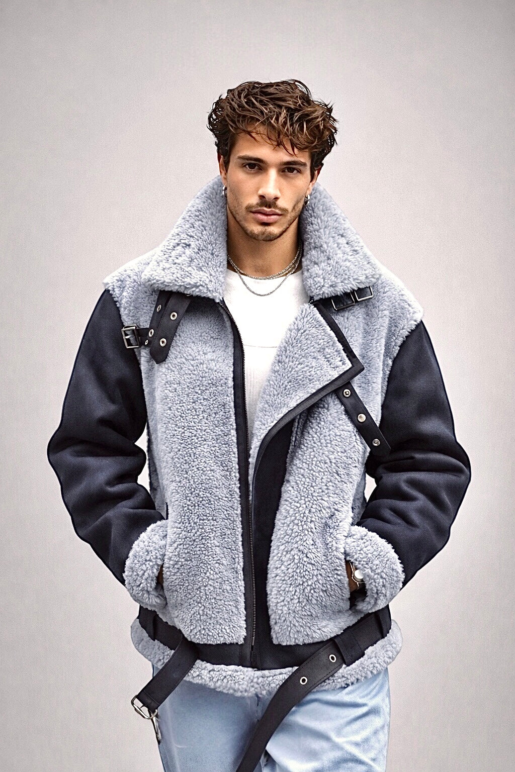 2026 New Era Collection                      Limited Edition of Indigo-Blue Shearling Pilot Jacket.