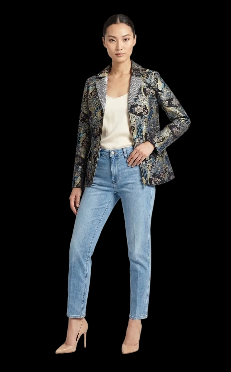 CANADA SANSAR Baroque Bleu™                       
Women’s Luxury Handcrafted Italian Lamb Leather Blazer Jacket.                                   A nod to the ornate blue-and-gold floral pattern and European artistry.