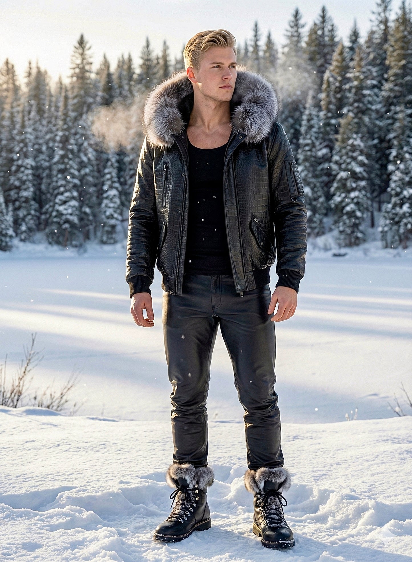 The Élégance Nuit Bomber: Handcrafted Italian Shearling & Silver Fox Fur Bomber Jacket.
