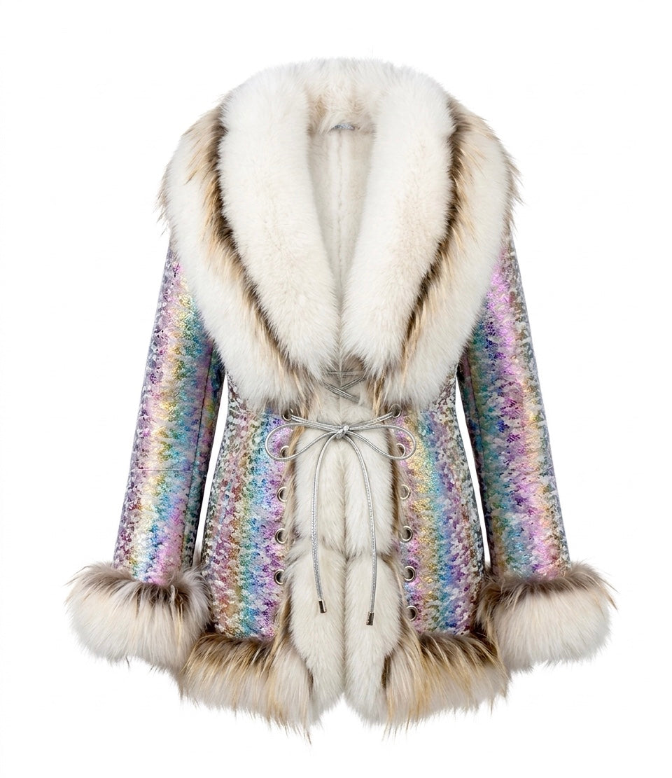 New Era Collection 2026-27
Finland Certified Farmed Fox Fur & Italian Metallic Rainbow Shearling Fur Coat. 
Iconic. Exclusive. Unique.