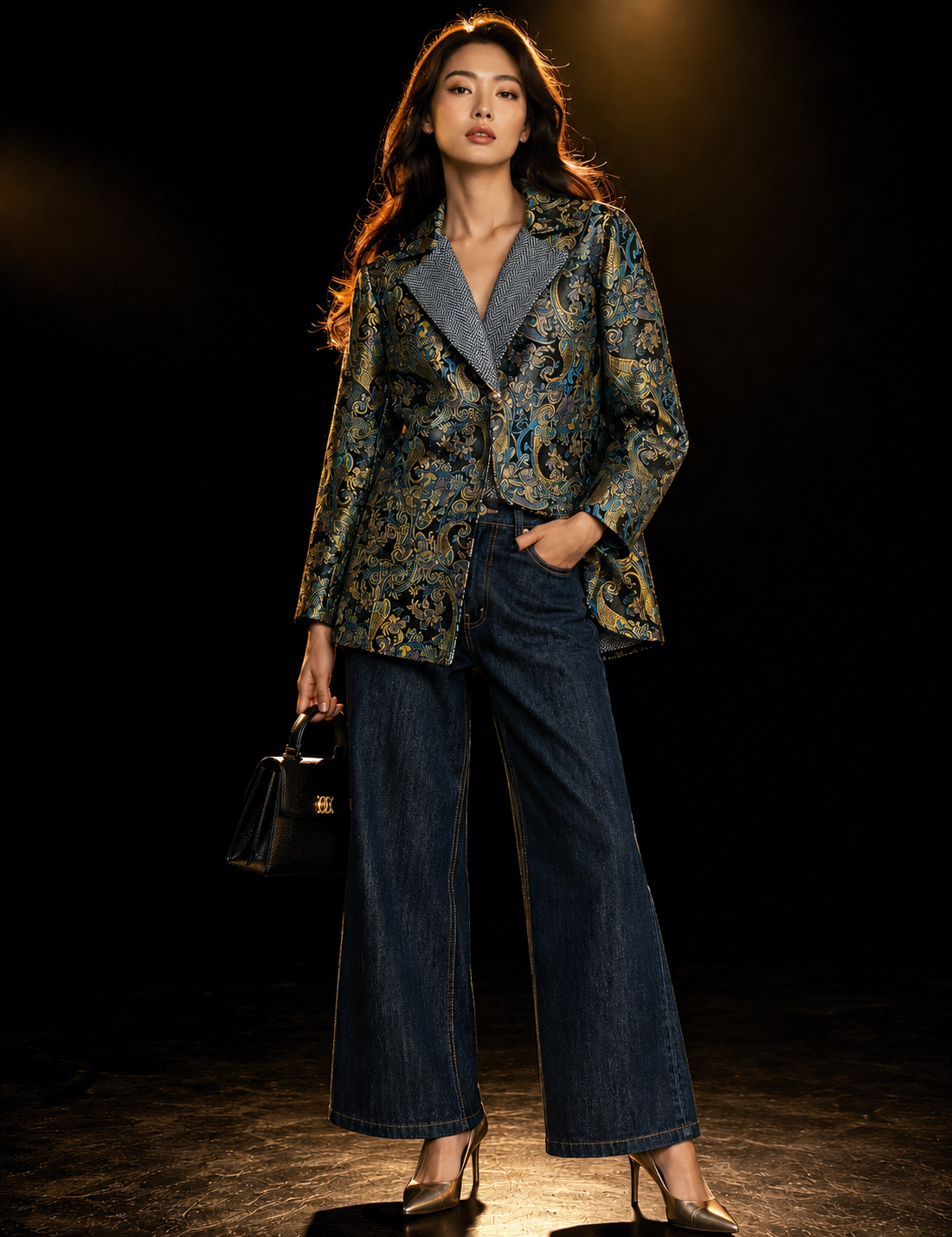 CANADA SANSAR Baroque Bleu™                       
Women’s Luxury Handcrafted Italian Lamb Leather Blazer Jacket.                                   A nod to the ornate blue-and-gold floral pattern and European artistry.