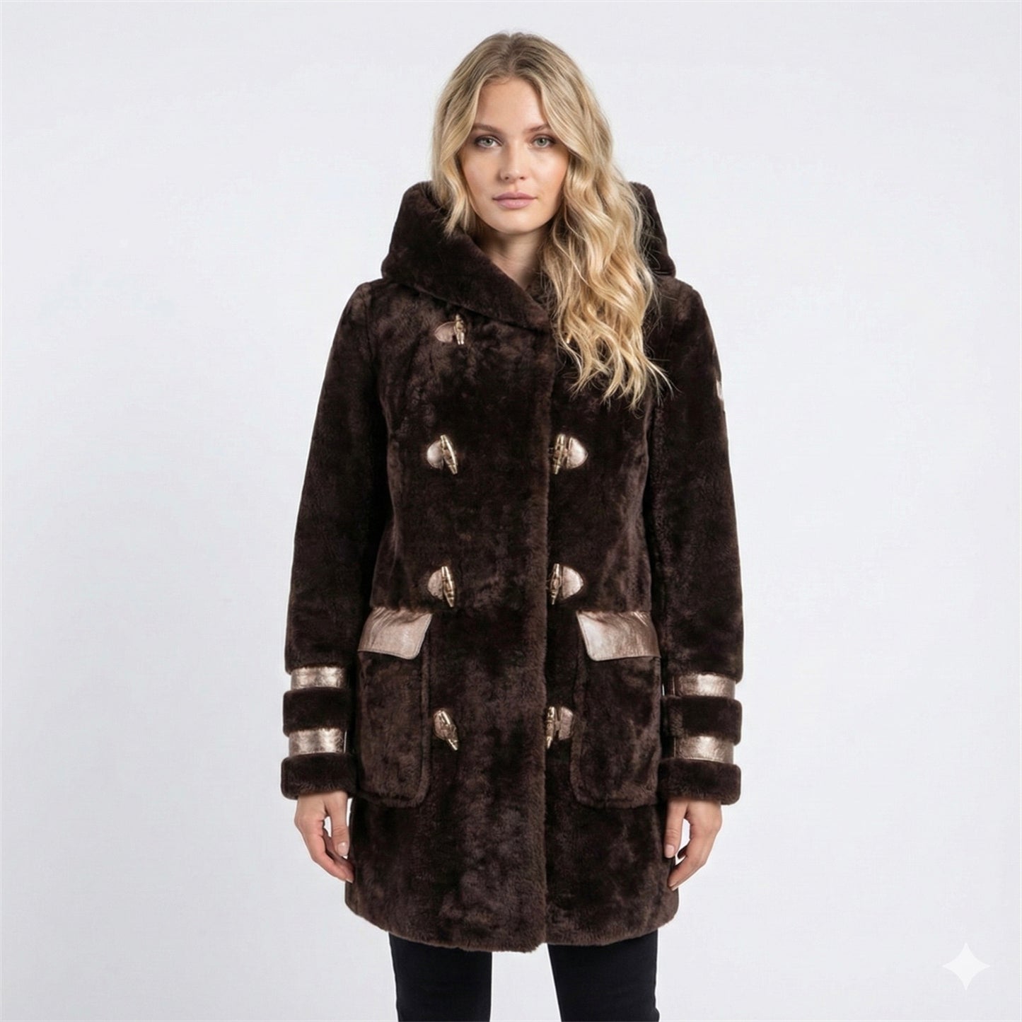 Luxury Shearling Pea Coat | Chestnut Brown with Gold Signature Buttons
