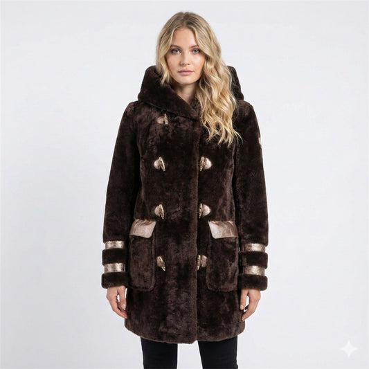 Luxury Shearling Pea Coat | Chestnut Brown with Gold Signature Buttons