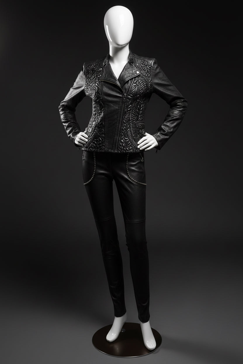 OBSIDIAN ÉLAN™ — 3D Embossed Lamb Leather Jacket. $1,450.                                       OBSIDIAN MOTION™ — Italian Stretch Lamb Leather Pant. $1,250.
