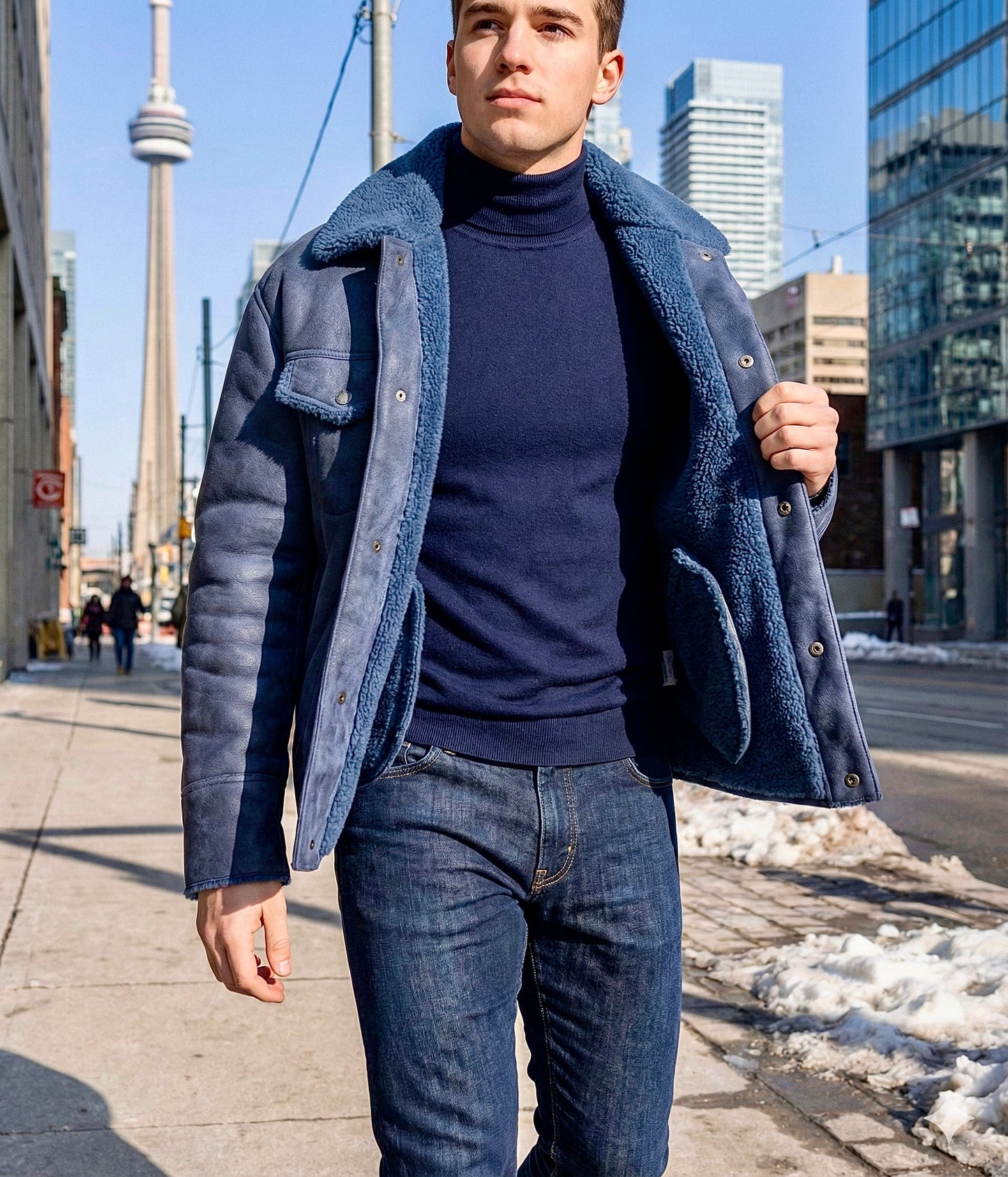 2026 New Era Collection                         Classic Elegance Indigo-Blue Shearling Jacket.