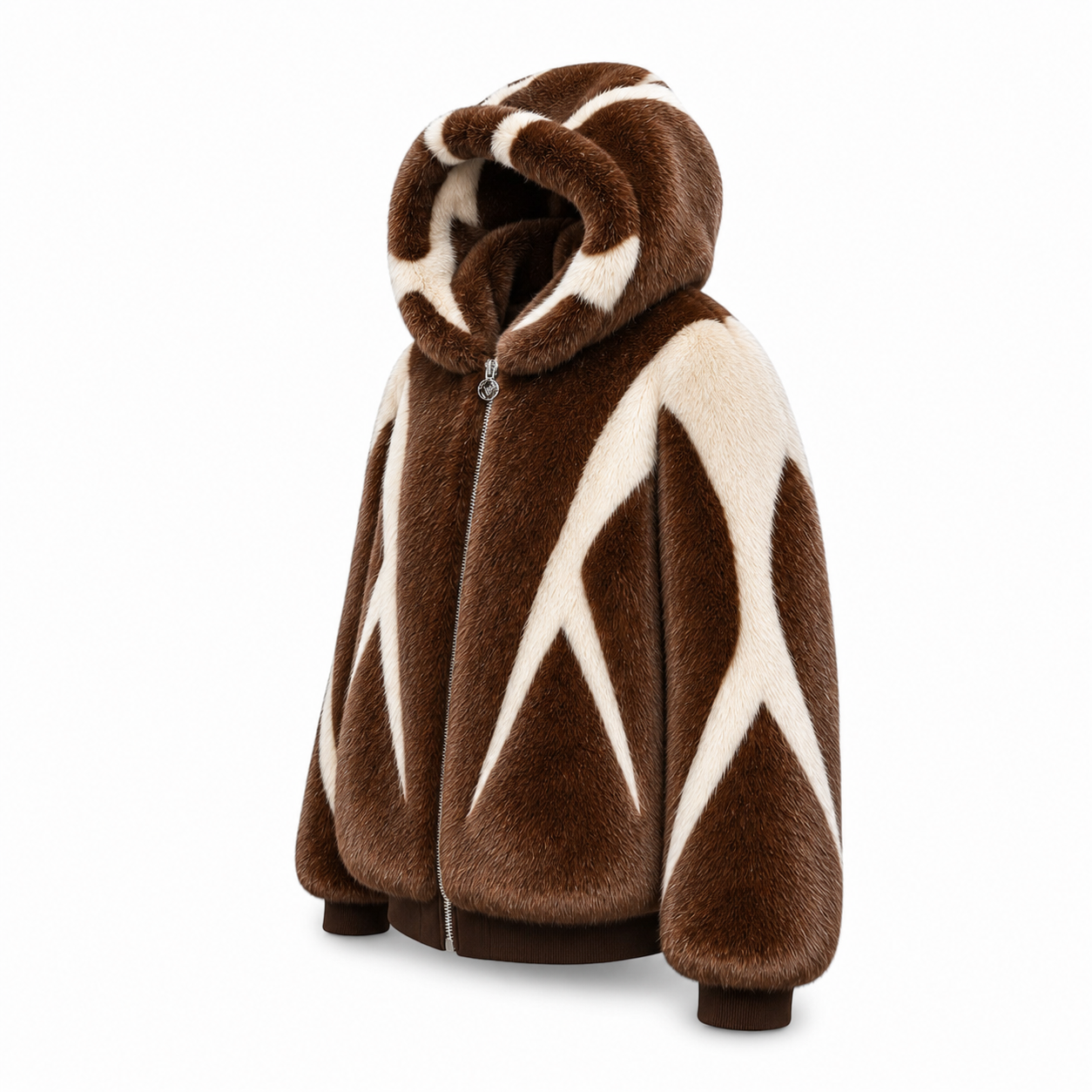 New Era Collection 2026-27                             “ECLIPSE” Cappuccino with Cream colour Intarsia Toscana Lamb Fur hooded Coat.