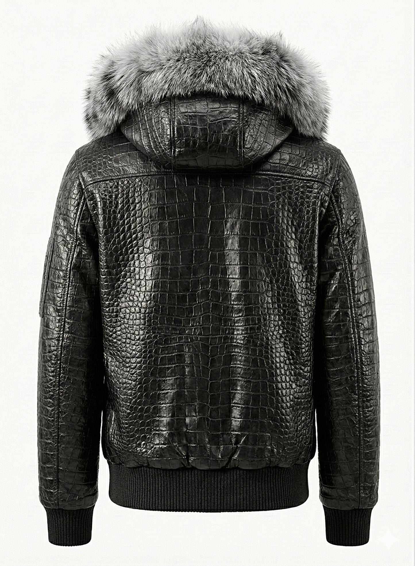 The Élégance Nuit Bomber: Handcrafted Italian Shearling & Silver Fox Fur Bomber Jacket.