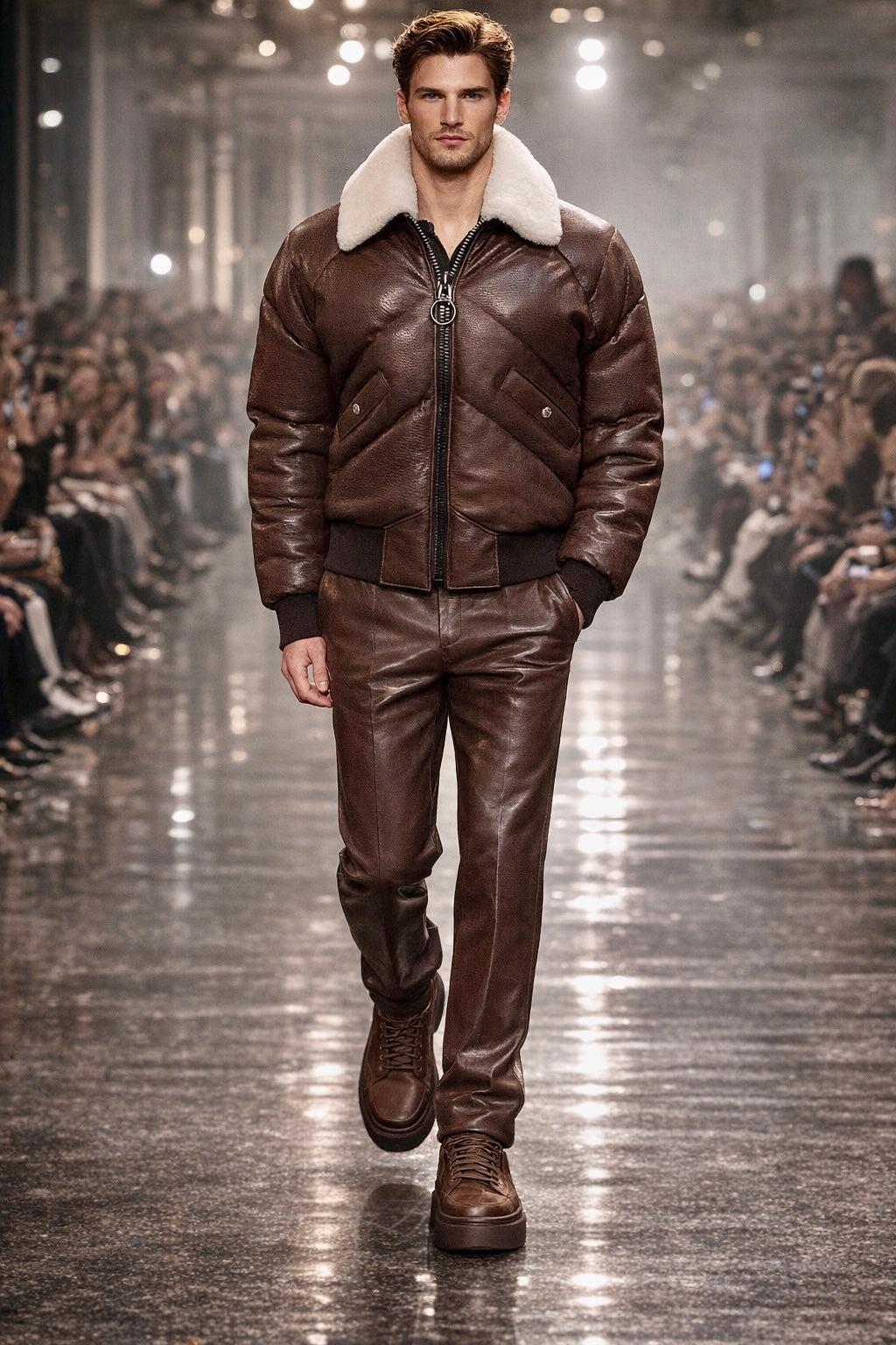 Cognac Shearling Lambskin Puffer Jacket