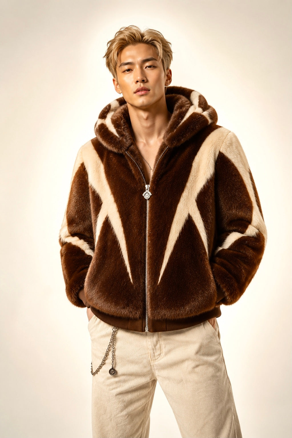 New Era Collection 2026-27                             “ECLIPSE” Cappuccino with Cream colour Intarsia Toscana Lamb Fur hooded Coat.