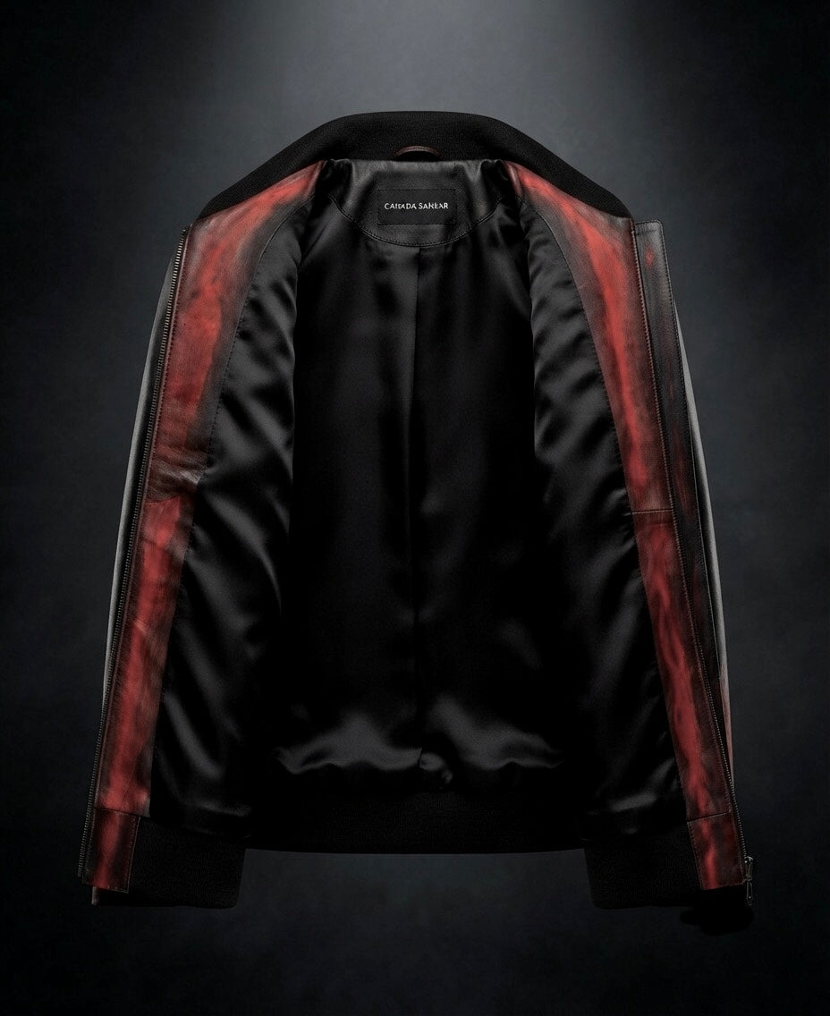 Dual Cat Motif                                         Artist-Edition Handcrafted Patina Lamb Leather Jacket.