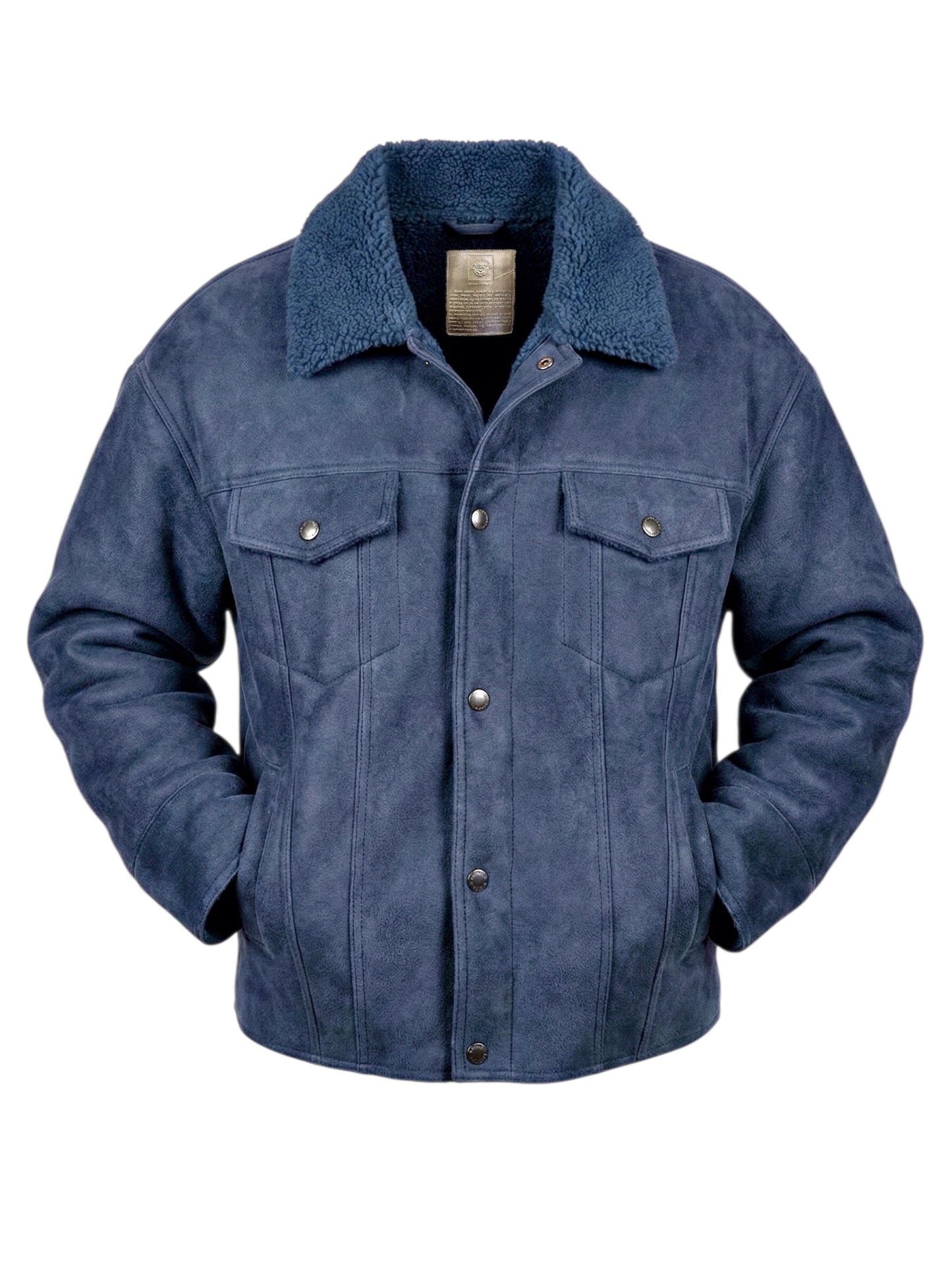 2026 New Era Collection                         Classic Elegance Indigo-Blue Shearling Jacket.