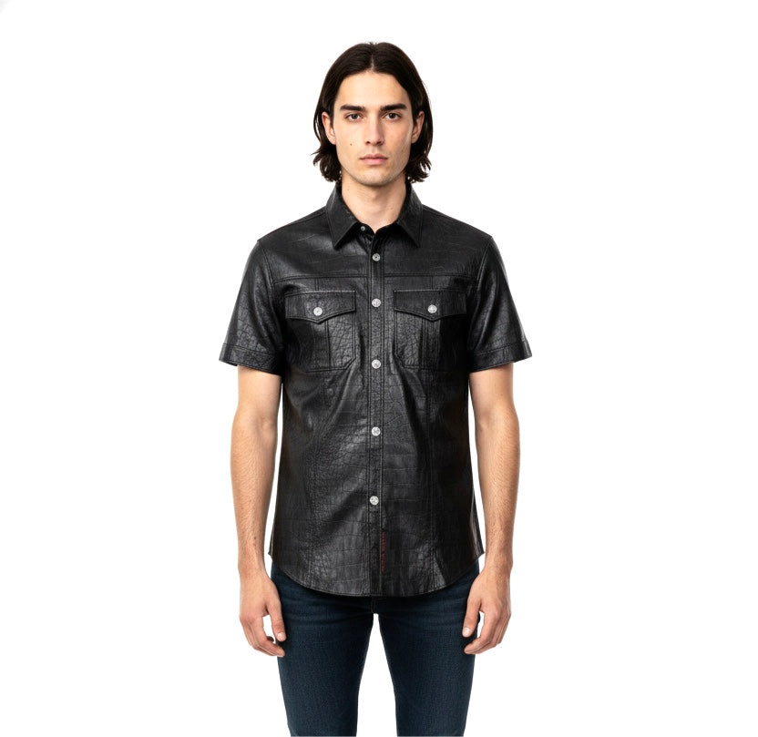 2026 New Era Collection                             The Venezia Croc-Embossed Short Sleeves Lamb Leather Shirt