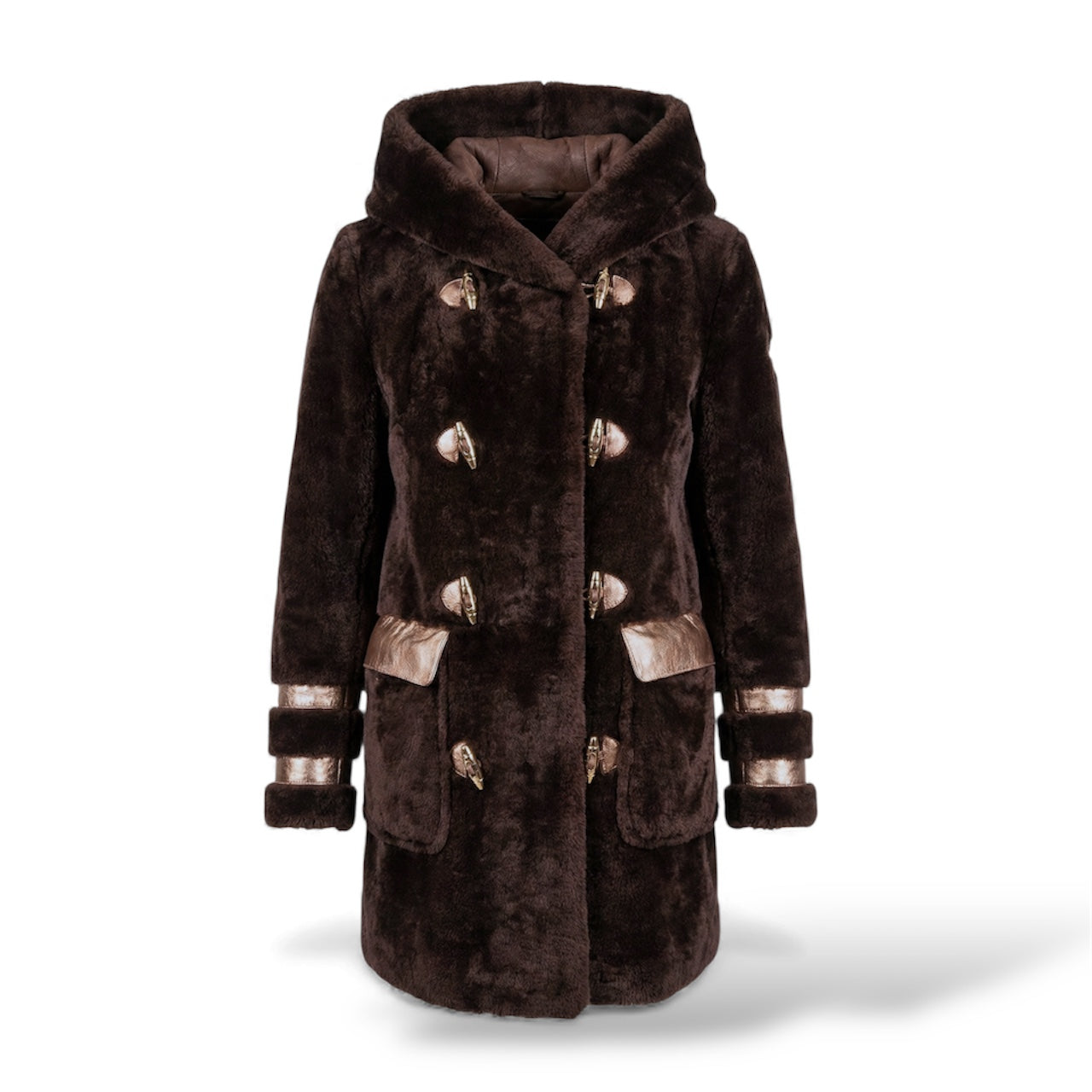Luxury Shearling Pea Coat | Chestnut Brown with Gold Signature Buttons