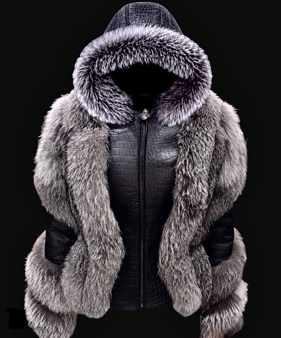 ARCTIC SOVEREIGN PLUS - Black Crocodile Shearling & Silver Fox Fur hooded Coat. (Made-To-Order)