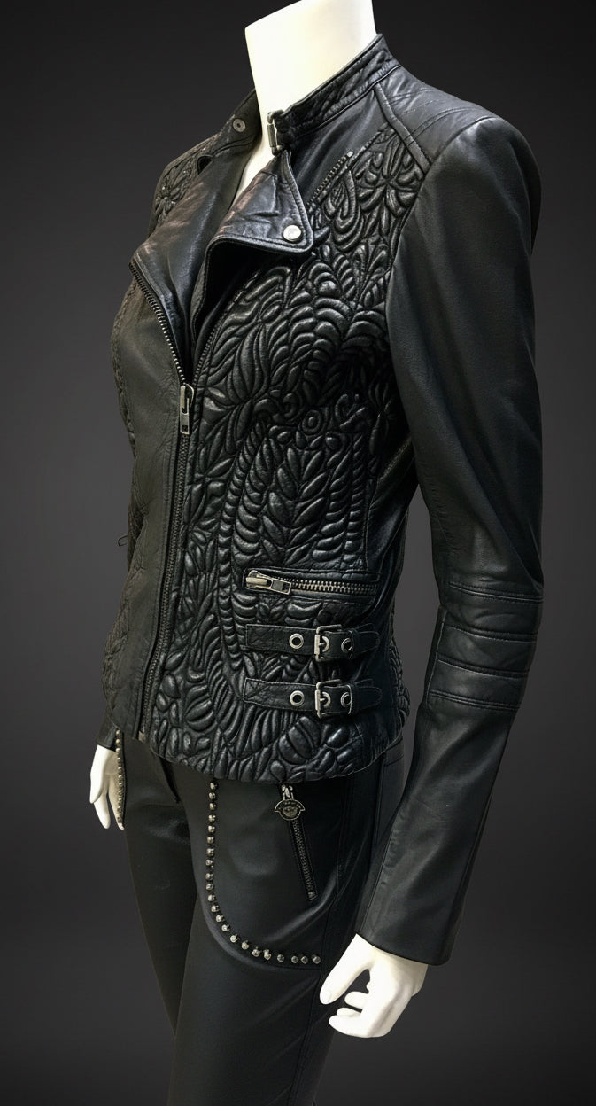 OBSIDIAN ÉLAN™ — 3D Embossed Lamb Leather Jacket. $1,450.                                       OBSIDIAN MOTION™ — Italian Stretch Lamb Leather Pant. $1,250.