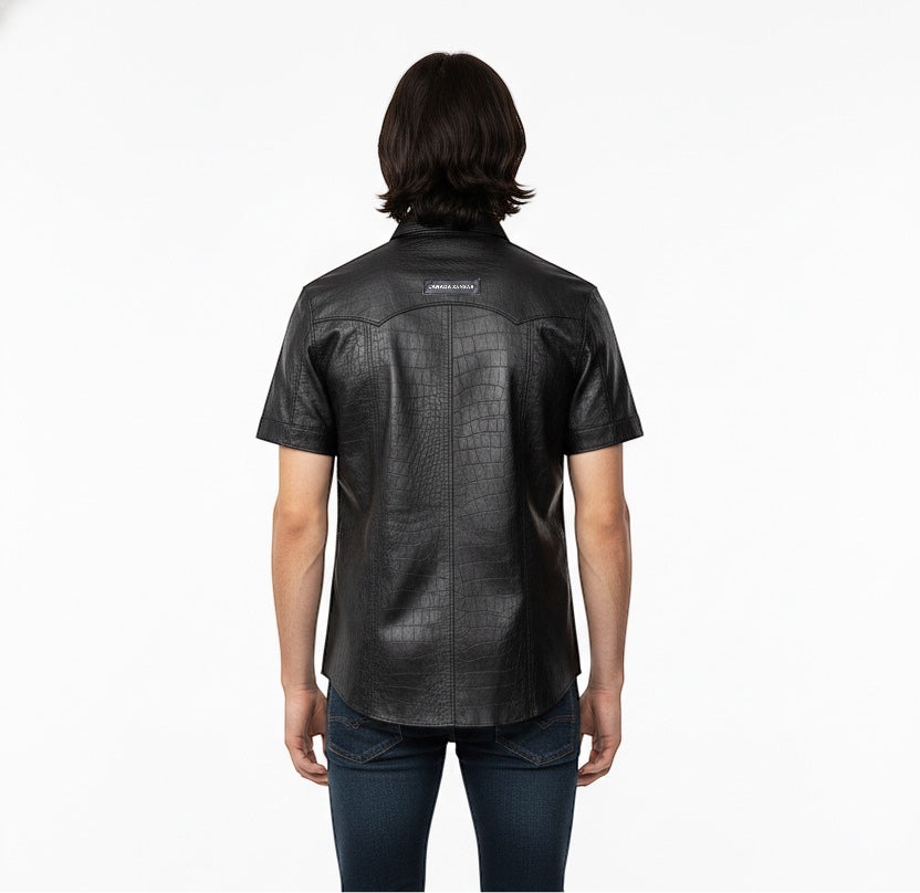 2026 New Era Collection                             The Venezia Croc-Embossed Short Sleeves Lamb Leather Shirt