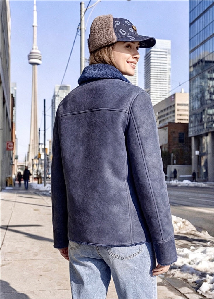 2026 New Era Collection                         Classic Elegance Indigo-Blue Shearling Jacket.