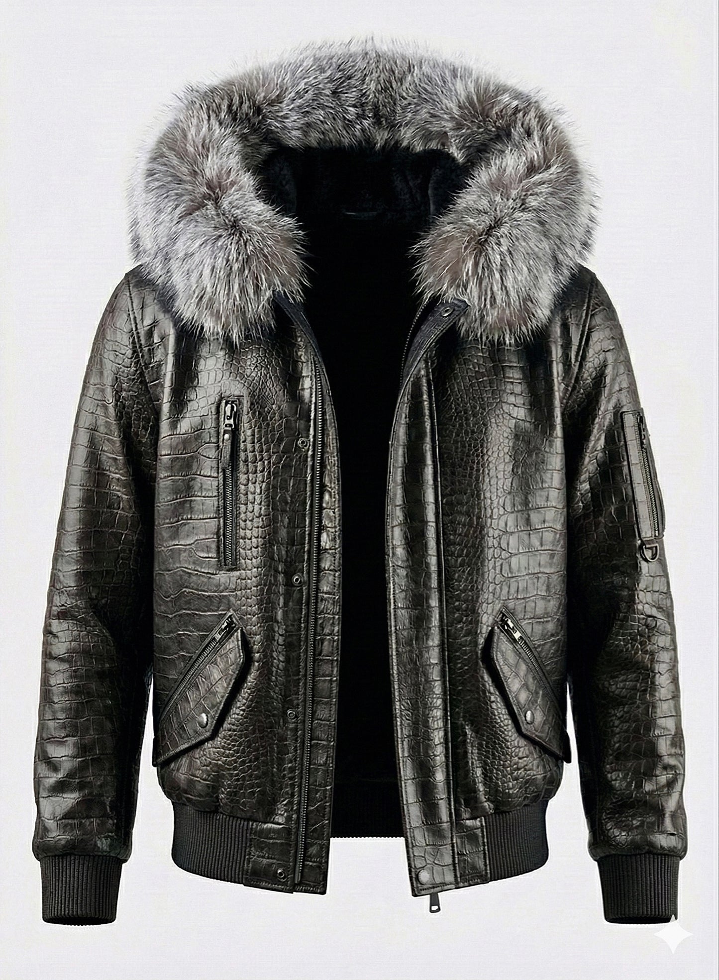 The Élégance Nuit Bomber: Handcrafted Italian Shearling & Silver Fox Fur Bomber Jacket.