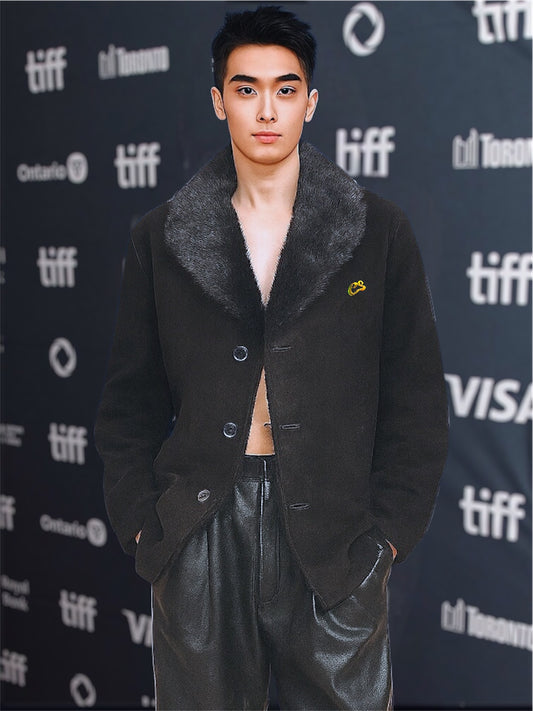 Limited Edition Black Astrakhan Nubuck Shearling Coat with Black Mink Fur Lapel
