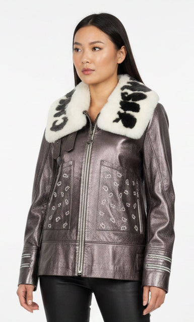 New Era 2026-27 Iconic CS Monogram Lamb Leather Jacket – Metallic Pewter Gary and Metallic Rose Gold
