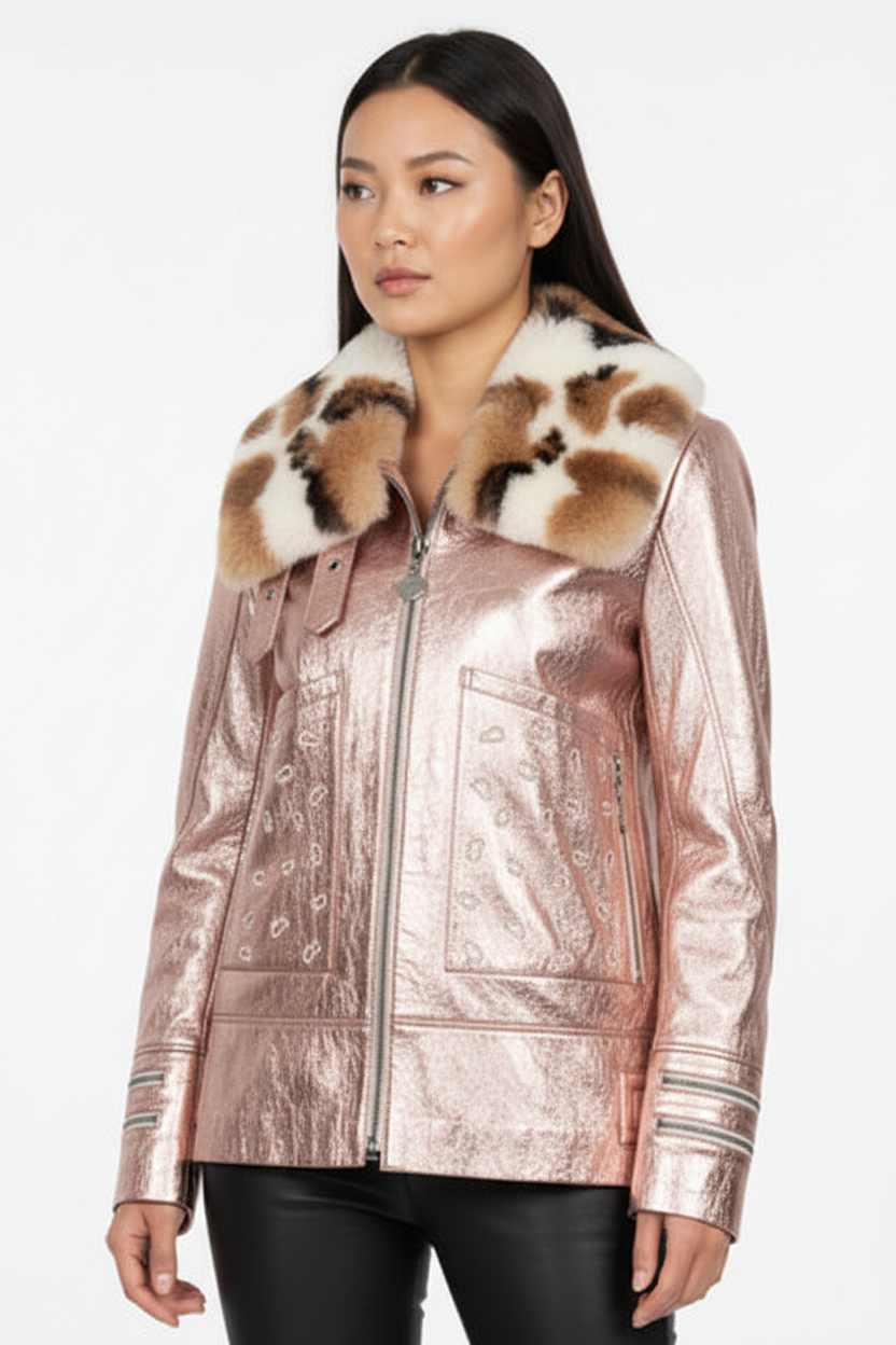 New Era 2026-27 Iconic CS Monogram Lamb Leather Jacket – Metallic Pewter Gary and Metallic Rose Gold