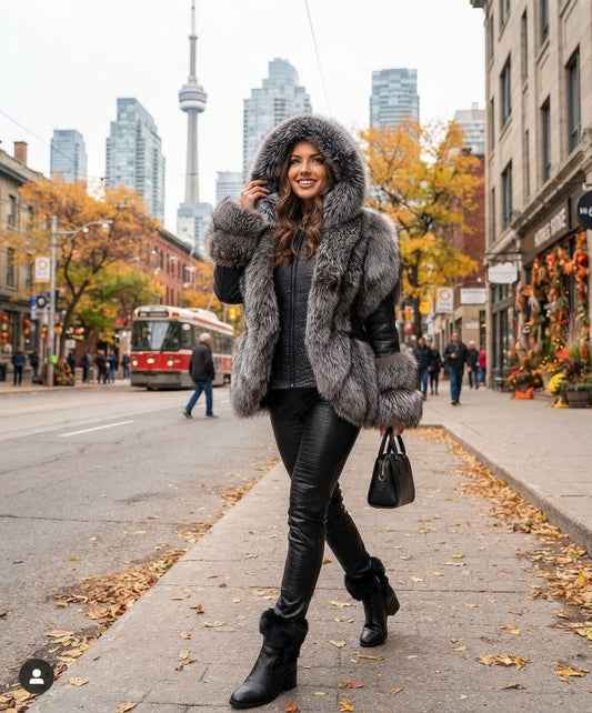 ARCTIC SOVEREIGN PLUS - Black Crocodile Shearling & Silver Fox Fur hooded Coat. (Made-To-Order)