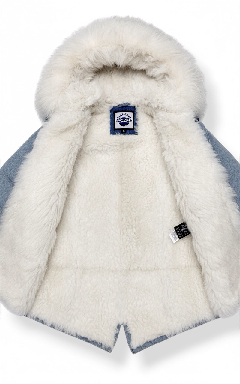Luxury Iconic Washed Denim with Crystals CS Icon White Fur Parka