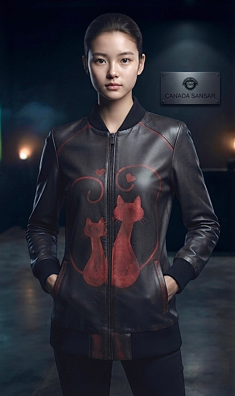 Dual Cat Motif                                         Artist-Edition Handcrafted Patina Lamb Leather Jacket.