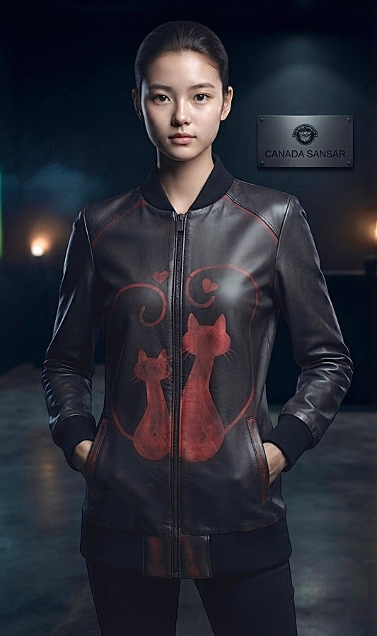Dual Cat Motif                                         Artist-Edition Handcrafted Patina Lamb Leather Jacket.