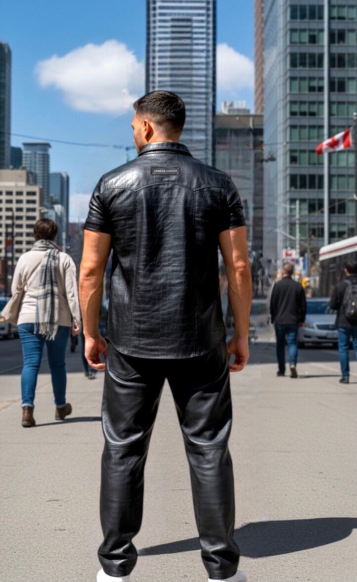 2026 New Era Collection                             The Venezia Croc-Embossed Short Sleeves Lamb Leather Shirt