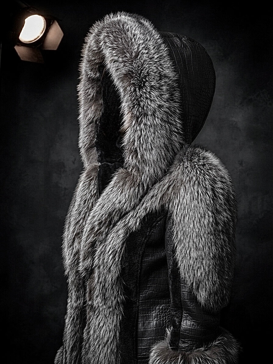 ARCTIC SOVEREIGN PLUS - Black Crocodile Shearling & Silver Fox Fur hooded Coat. (Made-To-Order)