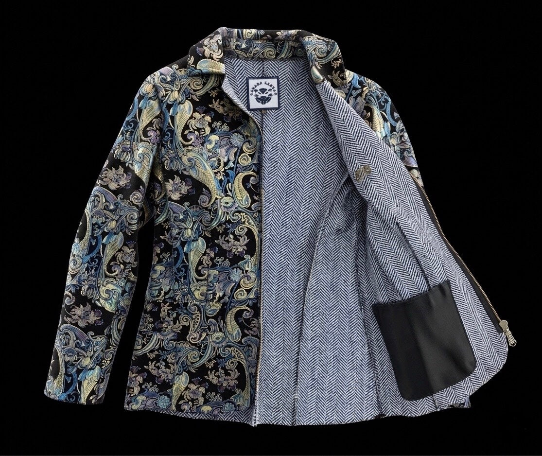 CANADA SANSAR Baroque Bleu™                       
Women’s Luxury Handcrafted Italian Lamb Leather Blazer Jacket.                                   A nod to the ornate blue-and-gold floral pattern and European artistry.