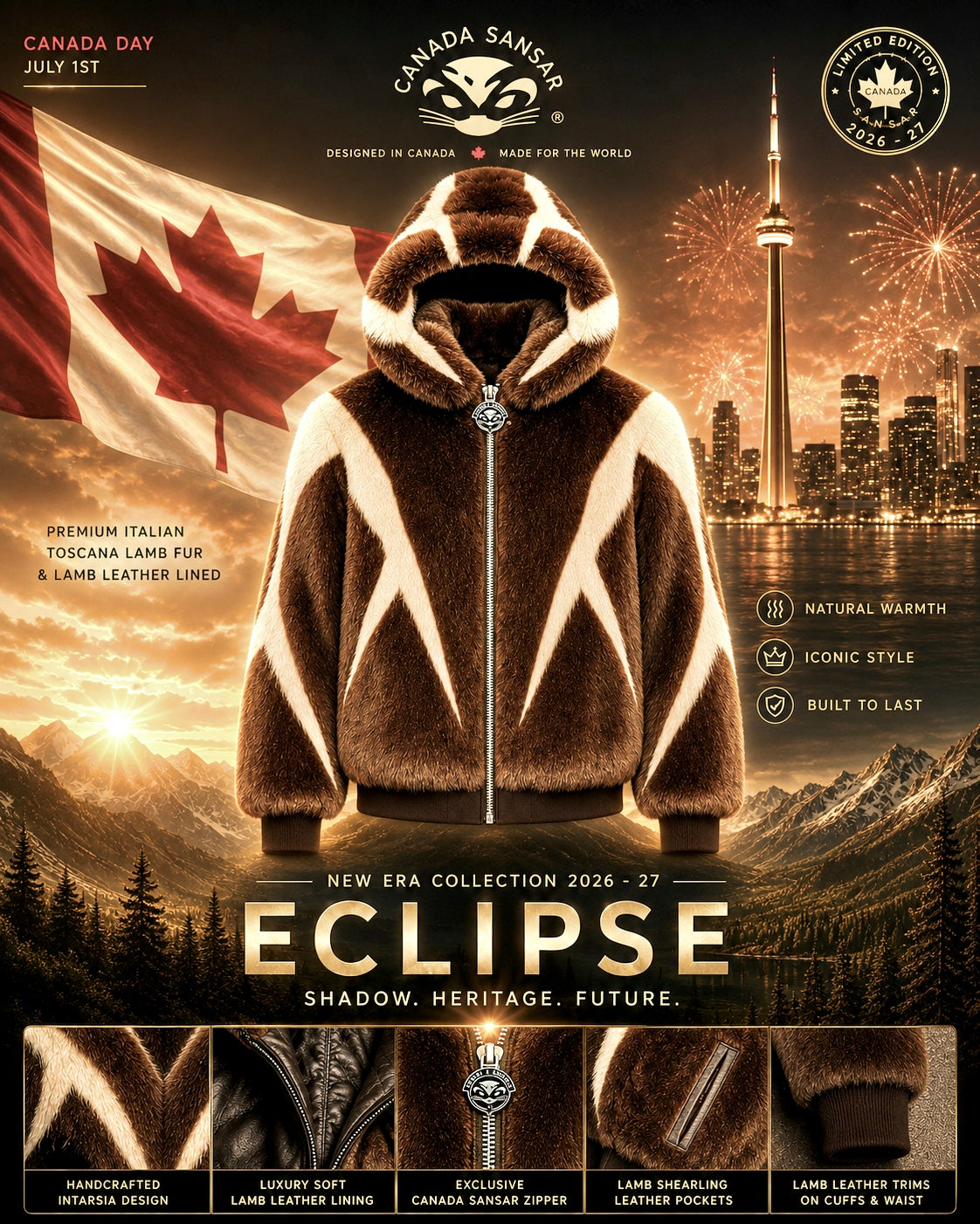New Era Collection 2026-27                             “ECLIPSE” Cappuccino with Cream colour Intarsia Toscana Lamb Fur hooded Coat.