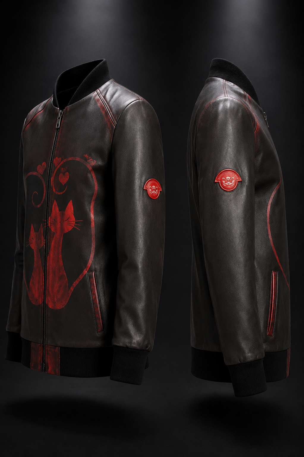 Dual Cat Motif                                         Artist-Edition Handcrafted Patina Lamb Leather Jacket.