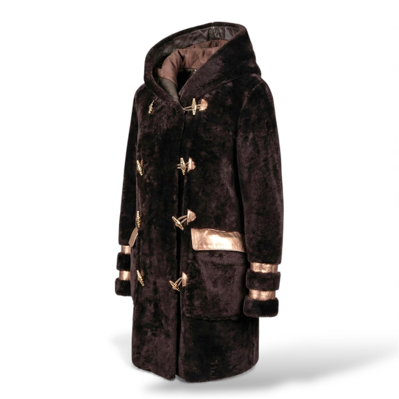 Luxury Shearling Pea Coat | Chestnut Brown with Gold Signature Buttons