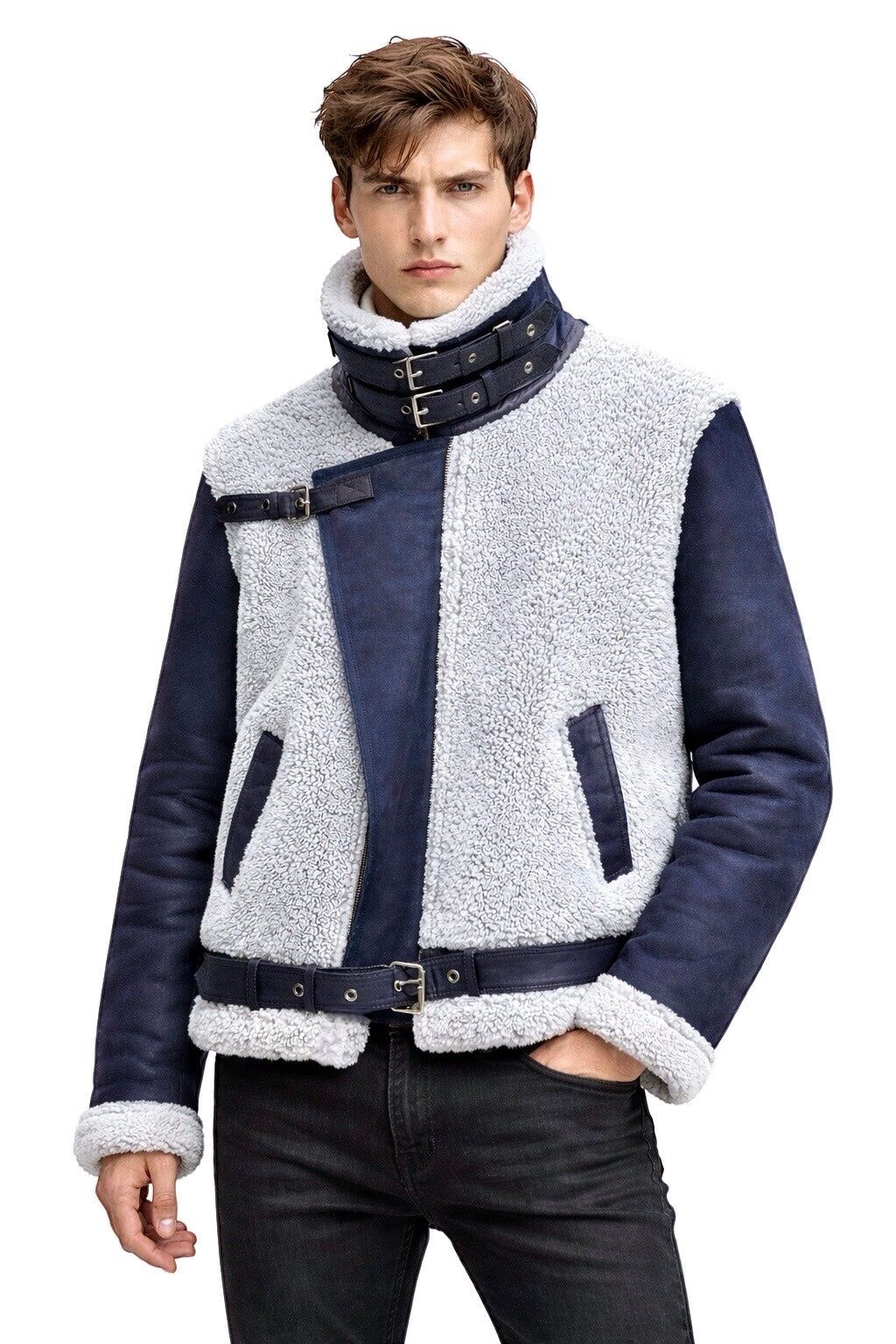 2026 New Era Collection                      Limited Edition of Indigo-Blue Shearling Pilot Jacket.