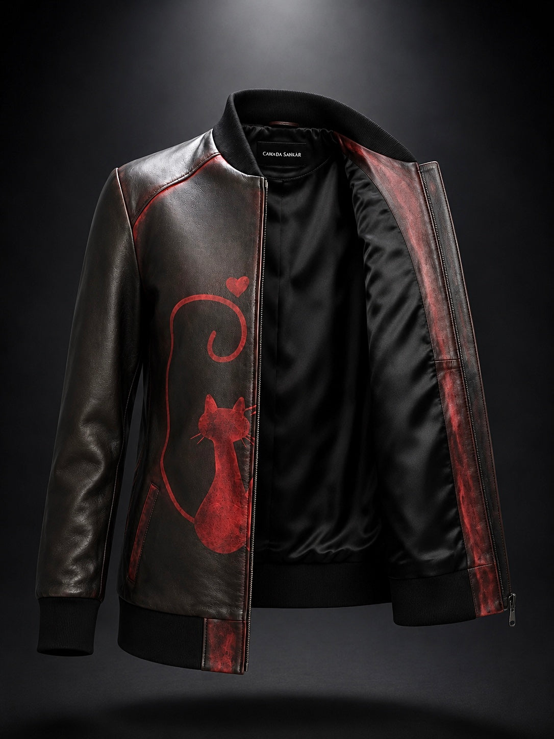 Dual Cat Motif                                         Artist-Edition Handcrafted Patina Lamb Leather Jacket.