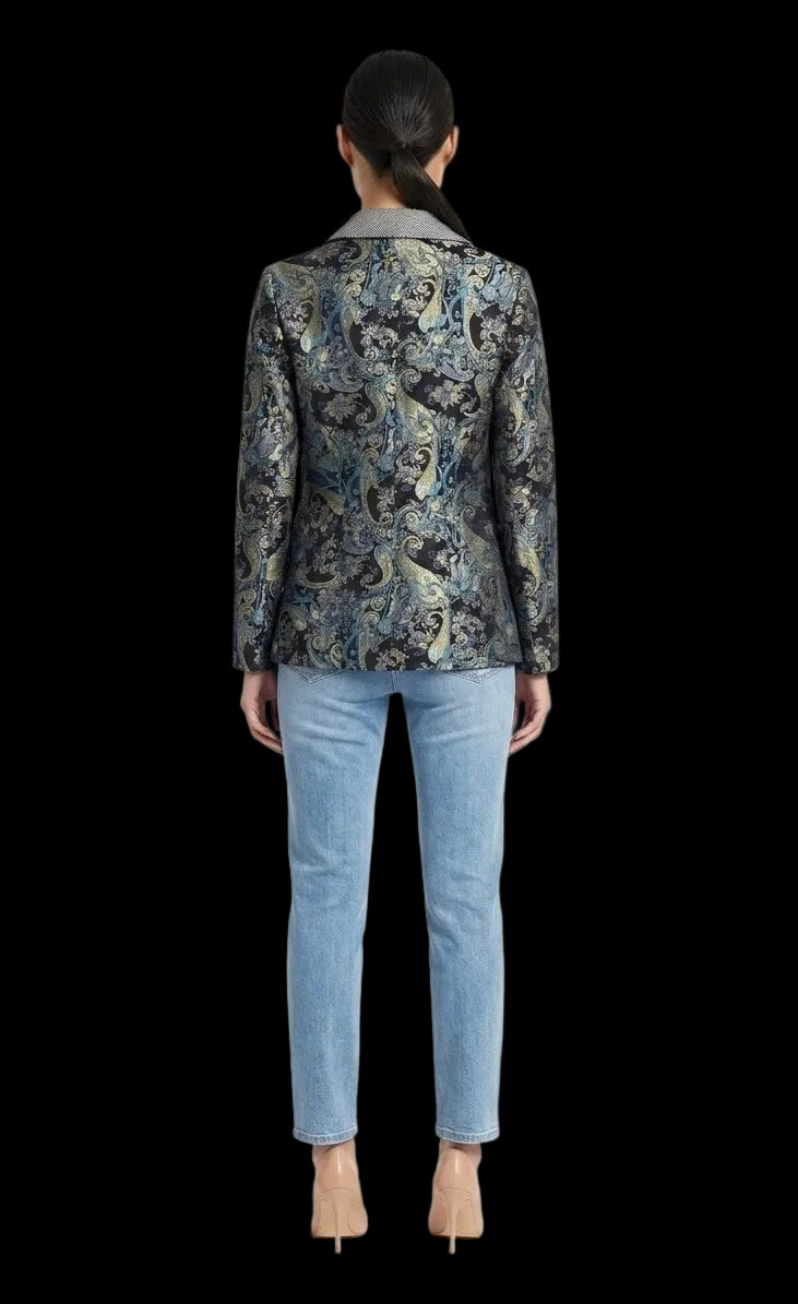 CANADA SANSAR Baroque Bleu™                       
Women’s Luxury Handcrafted Italian Lamb Leather Blazer Jacket.                                   A nod to the ornate blue-and-gold floral pattern and European artistry.
