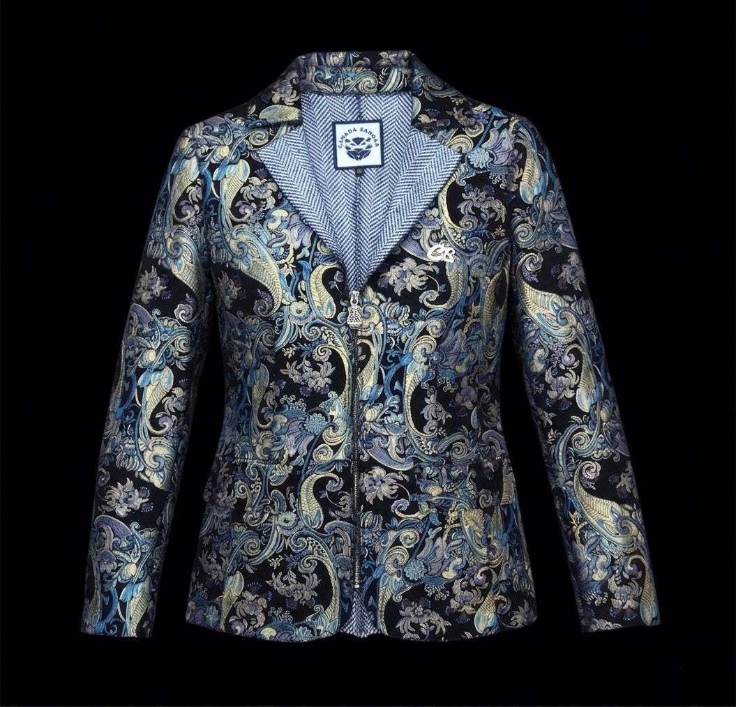 CANADA SANSAR Baroque Bleu™                       
Women’s Luxury Handcrafted Italian Lamb Leather Blazer Jacket.                                   A nod to the ornate blue-and-gold floral pattern and European artistry.